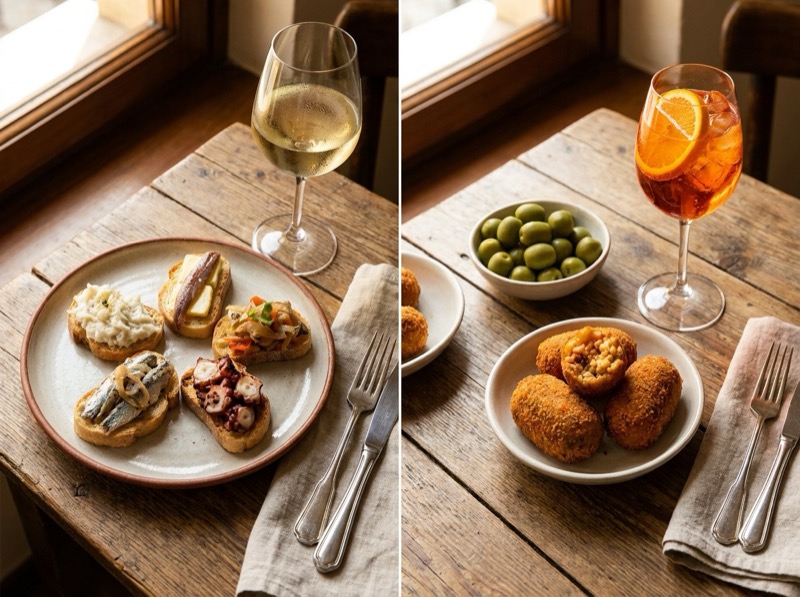 A split plate of Venetian cicchetti and Roman aperitivo