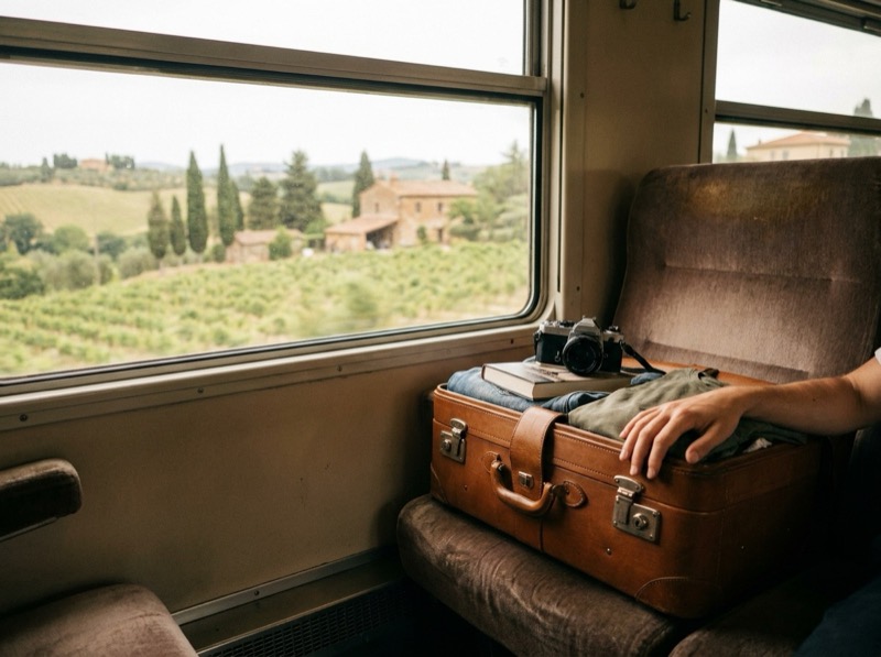 A packed suitcase on a train seat by the window