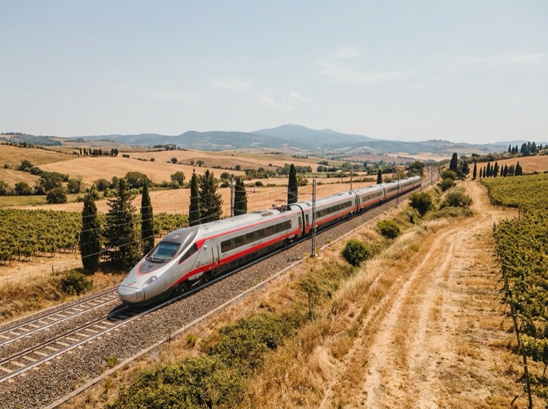 Frecciargento train travelling through the countryside