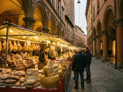 Bologna's porticoes and a food market stall
