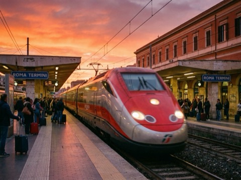 Roma Termini platform with an arriving train