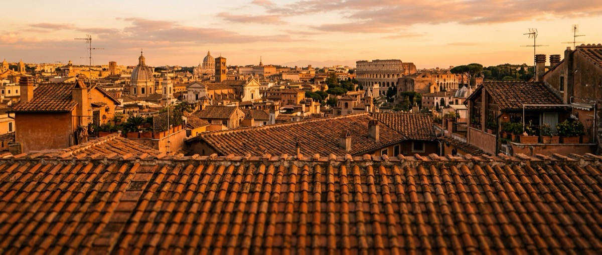 Rome rooftops and ancient ruins at golden hour