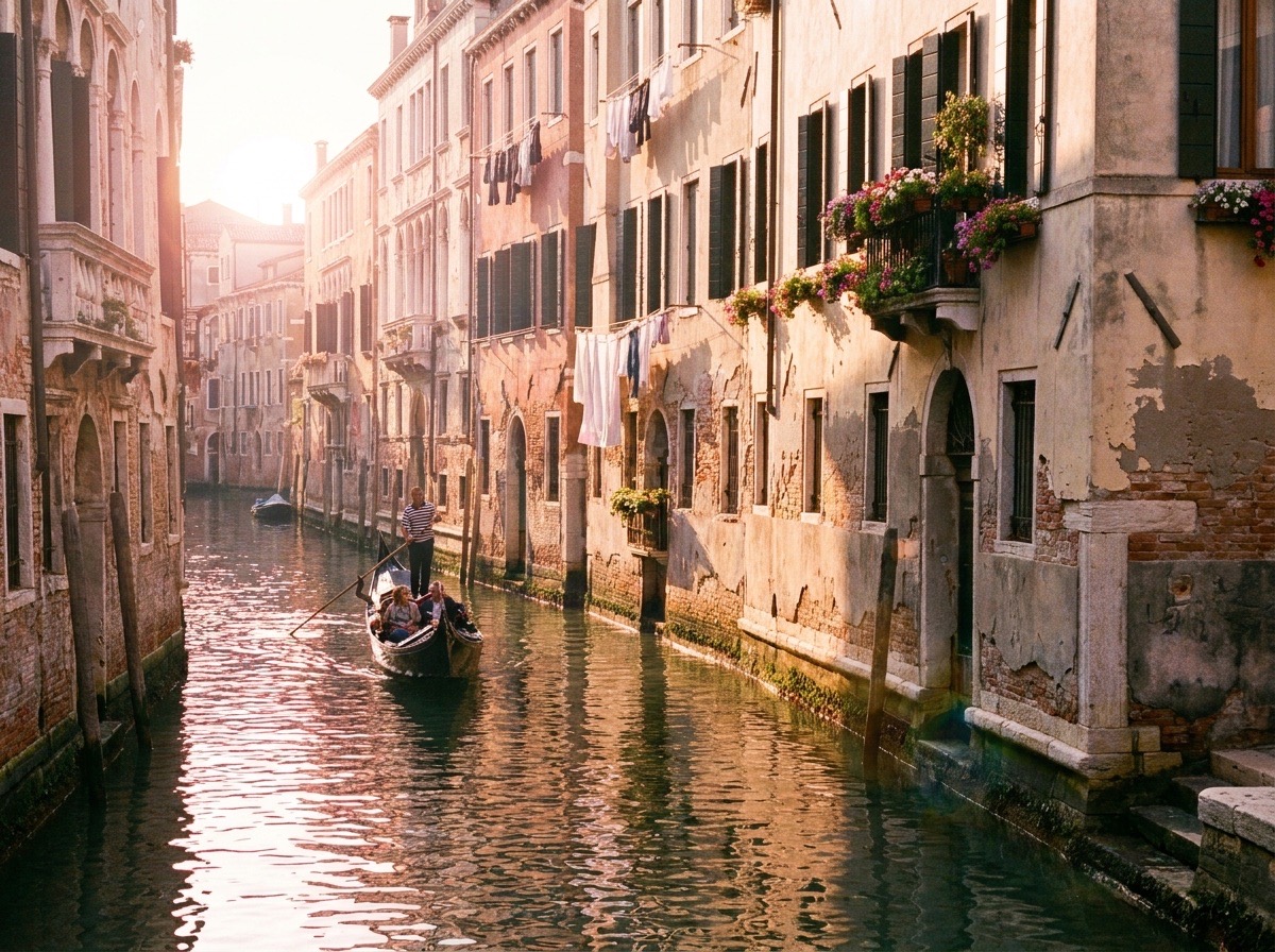 A narrow Venice canal with a gondola in the morning mist