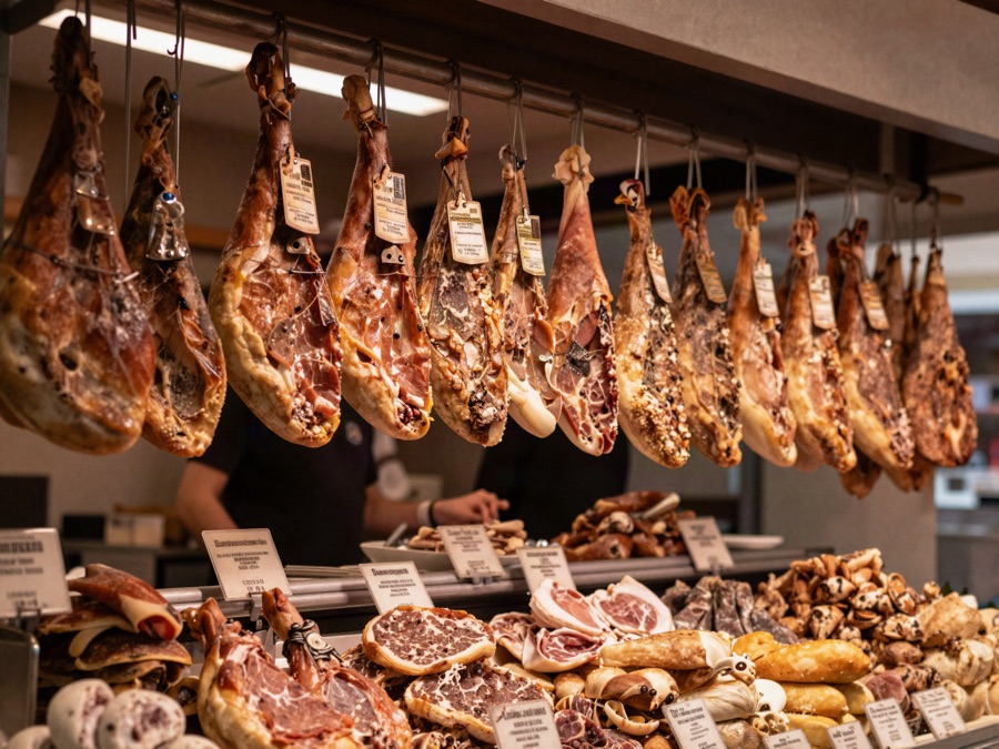 Cured meats hanging at a Bologna delicatessen stall