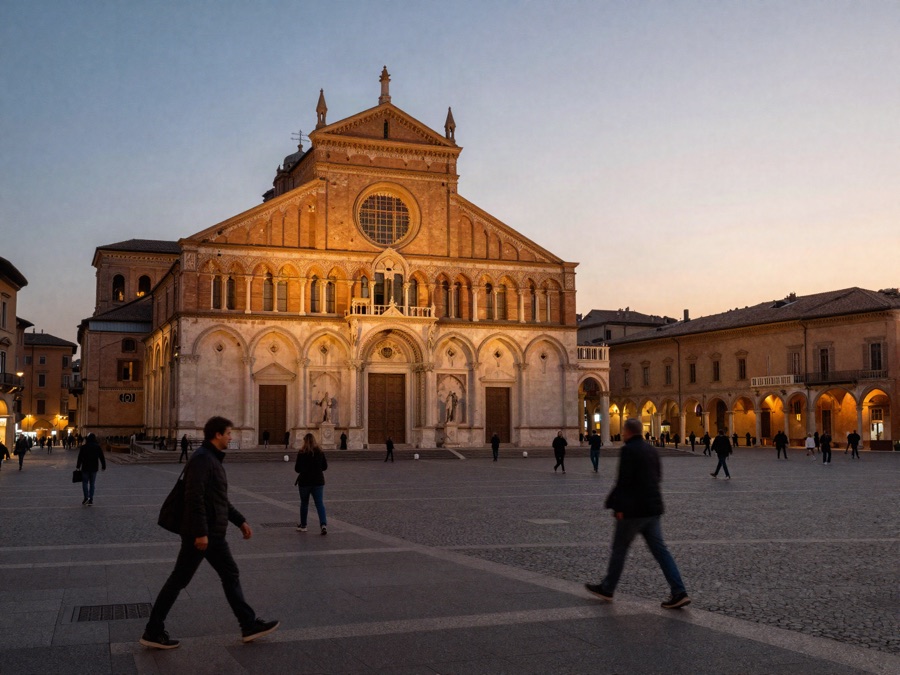 A Bologna piazza and basilica at dusk