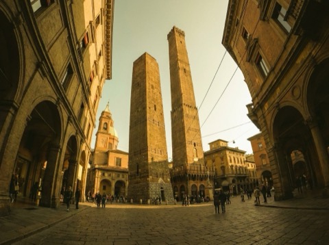 Bologna's Two Towers at street level