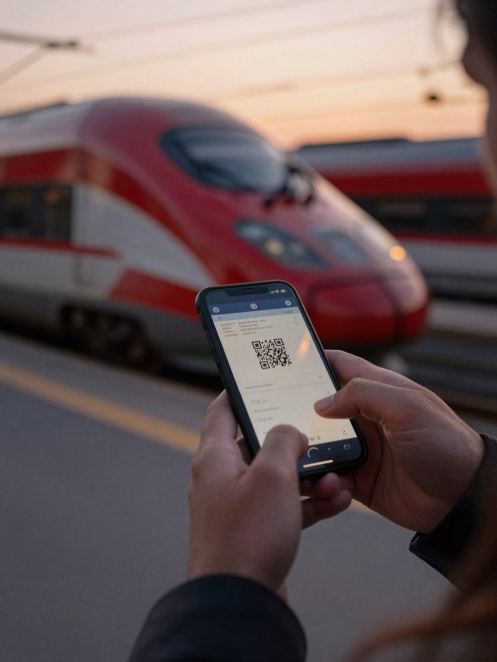Traveler scanning a train ticket QR code on a phone, a Frecciarossa blurred at the platform behind